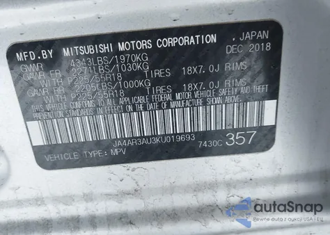 2019 Mitsubishi Outlander Sport 2.0 Sp z USA, uszkodzony, nr VIN JA4AR3AU3KU019693